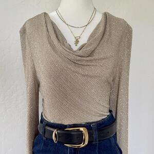 Vintage 90's sparkly gold beige/cream cowl neck long sleeve blouse